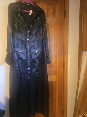 Black Satin Long Button-Front Duster Coat